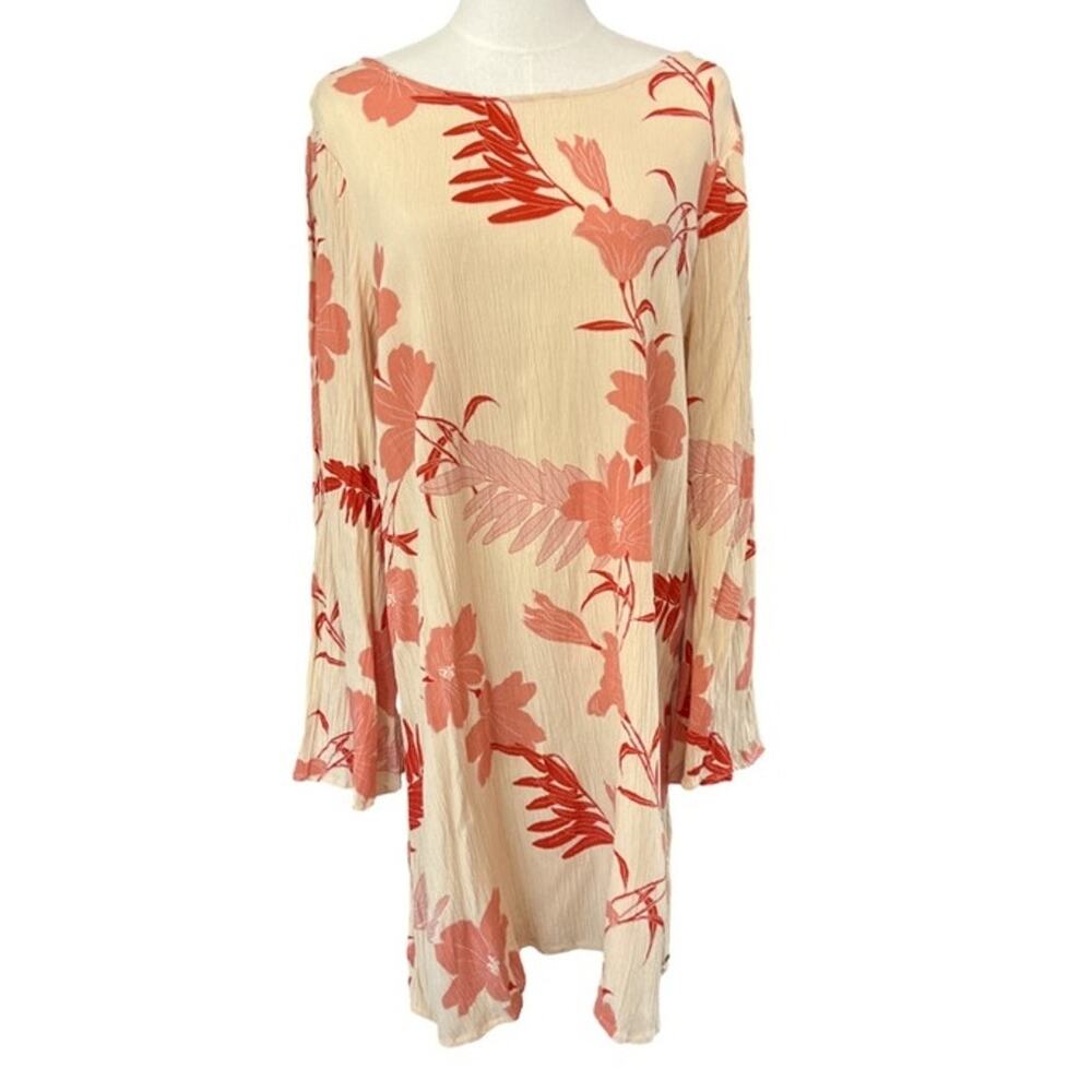 Roxy Floral Bell Sleeve Mini Dress M Boho Cream Red Open Back Beach Cover Up